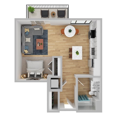 A top-down view of a modern living room with a kitchen area.